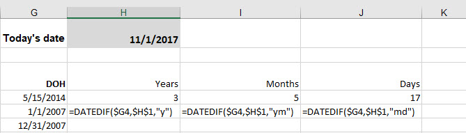 Calculate nr of days, months or years between dates